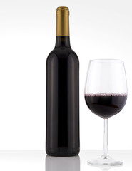 Isolated Red Wine Bottle in a White Background, no Label Label and Glass