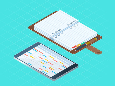 Flat isometric illustration paper and electronic planners. Right top view of business personal accessory. Office supply vector concept: diary organizer, tablet pc with agenda, schedule on the screen.