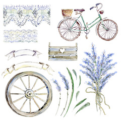 Fototapeta na wymiar Set of hand drawn watercolor clipart. Provence atmosphere, laven