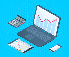Flat right top view isometric illustration of office desktop electronic equipment. Business and school vector concept of laptop with increasing arrow graph, smart phone, tablet pc, math calculator. 