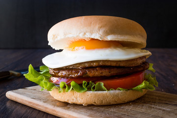Homemade Double Hamburger with Egg, Lettuce and Tomatoes.