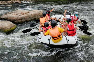 White water rafting on the rapids of river in Ukraine - obrazy, fototapety, plakaty
