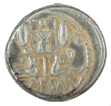 Roman Republic Coin. Ancient Roman silver denarius of the family Julia. Julius Caesar. Reverse.