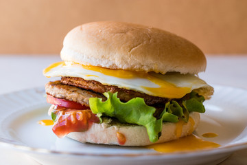 Homemade Double Hamburger with Egg, Lettuce and Tomatoes.