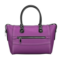 Fashionable purple classic women's handbag of solid leather with embossed stripes and big zipper front view isolated on white background