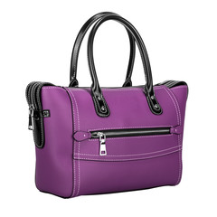Fashionable purple classic women's handbag of solid leather with embossed stripes and big zipper three quarters view isolated on white background