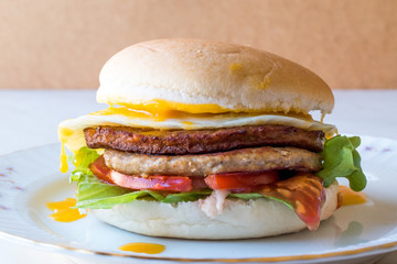 Homemade Double Hamburger with Egg, Lettuce and Tomatoes.