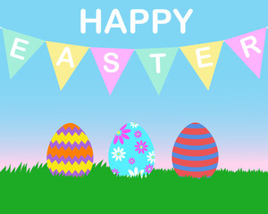 Vector illustration of greeting card easter with colorful eggs on green grass
