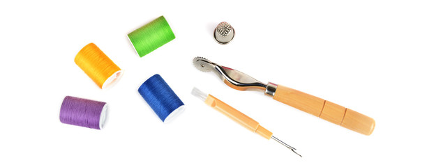 Sewing pattern. Flat lay, top view. Wide photo.