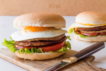 Homemade Double Hamburger with Egg, Lettuce and Tomatoes.