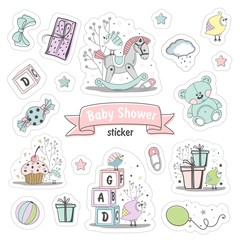 Set of Baby shower stickers. Isolated on a white background drawn by hand.