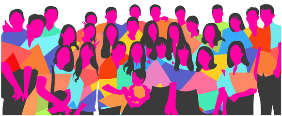 Flat illustration of young people, friends, classmates, students, colleagues, family posing for group photo