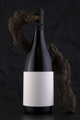 Isolated Red Wine Bottle in a Black Background with a Vine