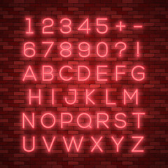 Realistic neon alphabet. Bright neon glowing font