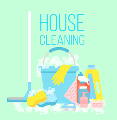 Vector illustration of house cleaning, cleaning service concept. Gloves, a mop, means for cleaning as a scraper, brush and bucket on light blue background in flat style.