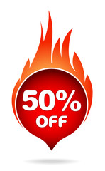 50 percent off red blazing speech bubble, sticker, label or icon with shadow and flame for your design.