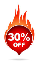 30 percent off red blazing speech bubble, sticker, label or icon with shadow and flame for your design.