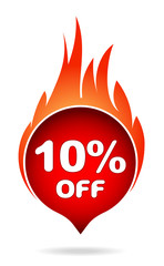 10 percent off red blazing speech bubble, sticker, label or icon with shadow and flame for your design.