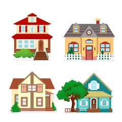 Vector illustration set of cute colorful houses. Country flat buildings in cartoon style.