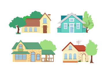 Vector illustration set of cottage houses with trees on white background in flat cartoon style.