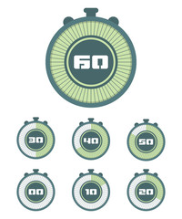 Stopwatch icons set in flat style, timers on color background. Sport clock. Vector design element for your business project