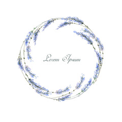 Watercolor hand drawn frame. Wreath. Card. Lavender.