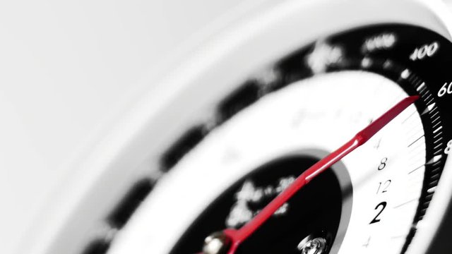 Black and white and colour Vintage scale close up, view of numeric household scale instrument and indicator, measuring food for preparing meals