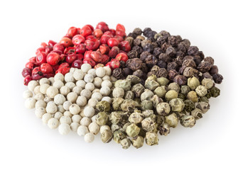 Mixed of diffrent kind peppercorns isolated on white background