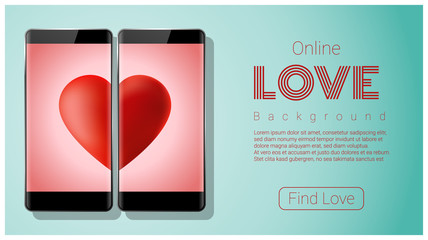 Online dating concept Love has no boundaries with two smartphones matching red heart on screen , vector , illustration