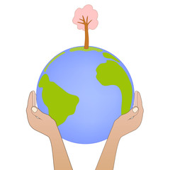 Illustration for the Earth Day, which is celebrated on March 20 and April 22. An isolated vector illustration with Earth, a tree and two hands on a white background for banner, poster ect.