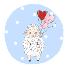 Obraz premium Cute sheep with balloons. Vector illustration for kids. Suitable for Birthday cards, t-shirt print, posters.