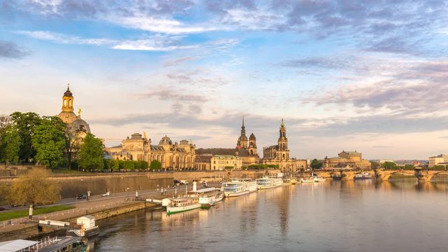 Dresden city skyline timelapse at Elbe River with Dresden Cathedral and Augustus Bridge, Dresden, Germany 4K Time lapse