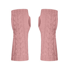 Rose pink woolen handmade crafted fingerless pair of  gloves isolated on white