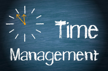 Time Management, clock with text on blue chalkboard background