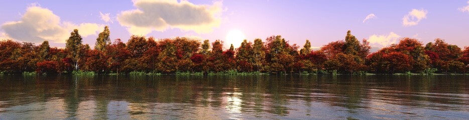 Obraz premium autumn landscape, autumn trees over the water at sunset, banner 3D rendering 