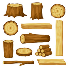 Set of wood logs for forestry and lumber industry. Illustration of trunks, stump and planks - obrazy, fototapety, plakaty
