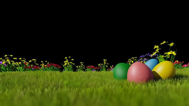 Easter eggs on green meadow over blue sky, Alpha Channel
