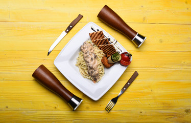 Table served for one in restaurant, cafe. Main course concept