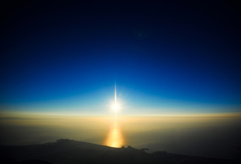 Amazing Sunrise in front of a sea, view from top of Tahtali mountain range. Tourist attraction of Turkey. KEMER ANTALYA TURKEY.