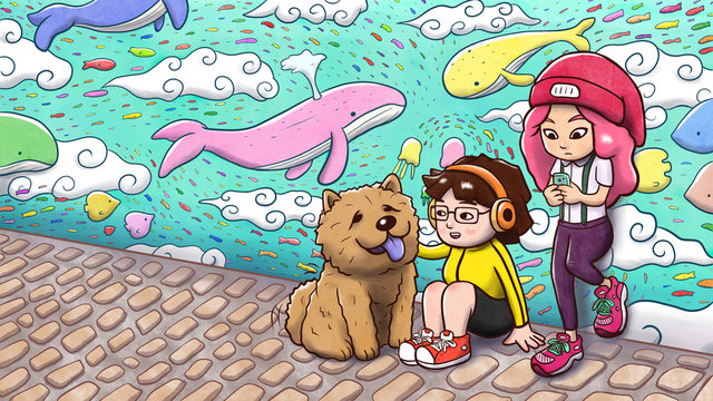 Two urban girls and a chow chow dog hanging out in front of a graffiti wall, with whales and fishes flying in the sky. Painted version.
