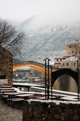 Mostar bridge in Bosnia and Herzegovina in winter.
