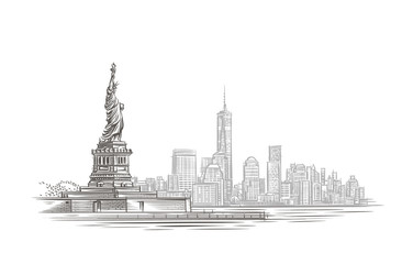 Modern city and statue silhouette illustration. Vector. 