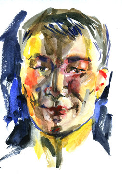 Watercolor portrait of young man. Hand drawn face on white background. Painting illustration