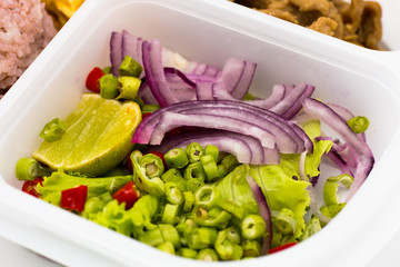Cost-up Thai food menu is soned with Shrimp Paste box set isolated on white background. It copy space and selection focus.