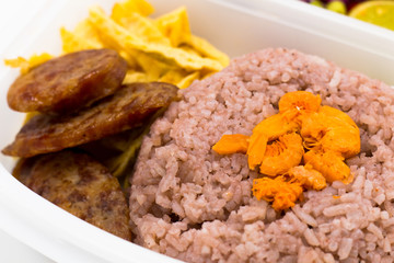 Cost-up Thai food menu is soned with Shrimp Paste box set isolated on white background. It copy space and selection focus.