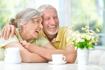 Happy senior couple drinking tea  