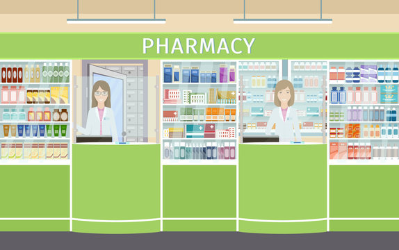 Pharmacy interior design with two pharmacist female characters at the counters. Drugstore with showcases with medicines