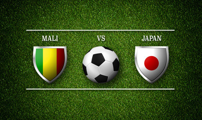 Football Match schedule, Mali vs Japan, flags of countries and soccer ball - 3D rendering