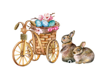 Set of Easter elements. Easter basket with bunnies and bird's nest. on white background. Illustration. Watercolor. Handmade Image. Picture. Template