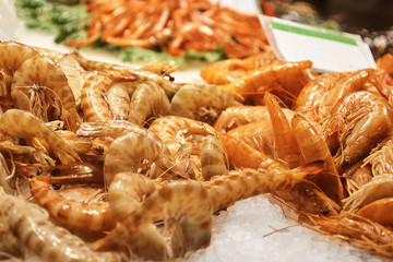 Big shrimps on the stand at Baceria market.